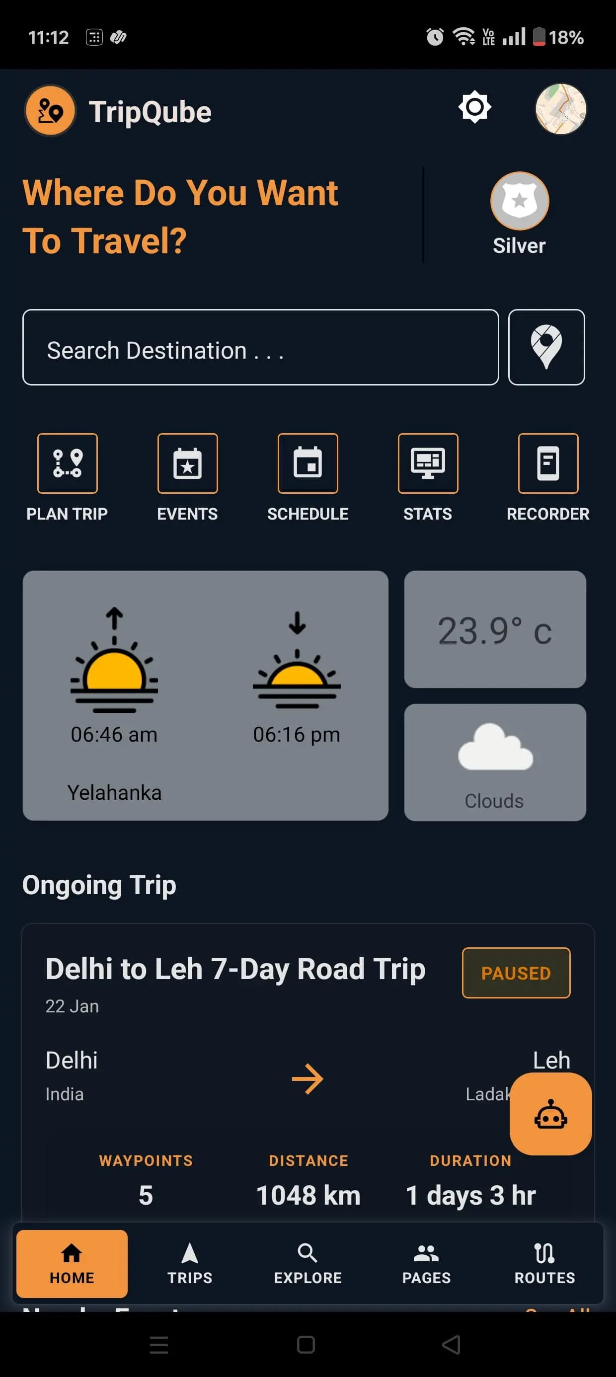 TripQube motorcycle app home screen showing trip planning features